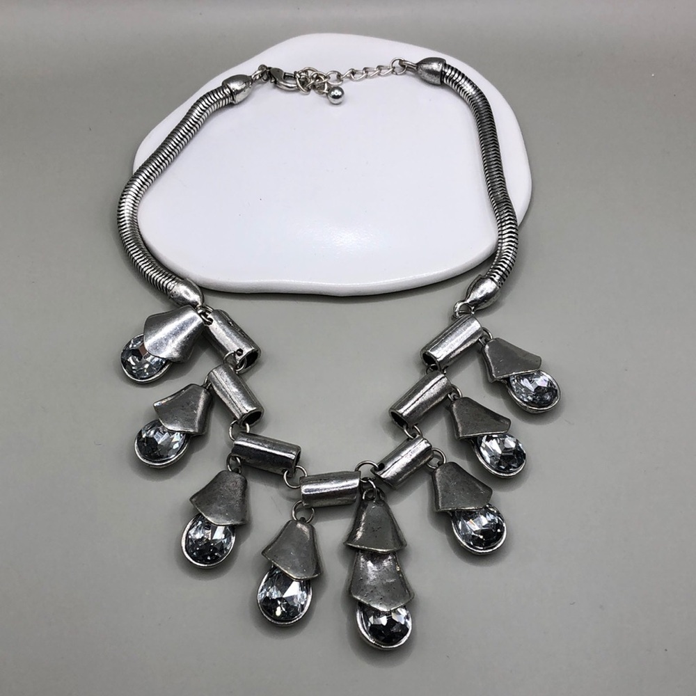 Chunky silver tone modernist geometric style necklace with glass crystals dressy
